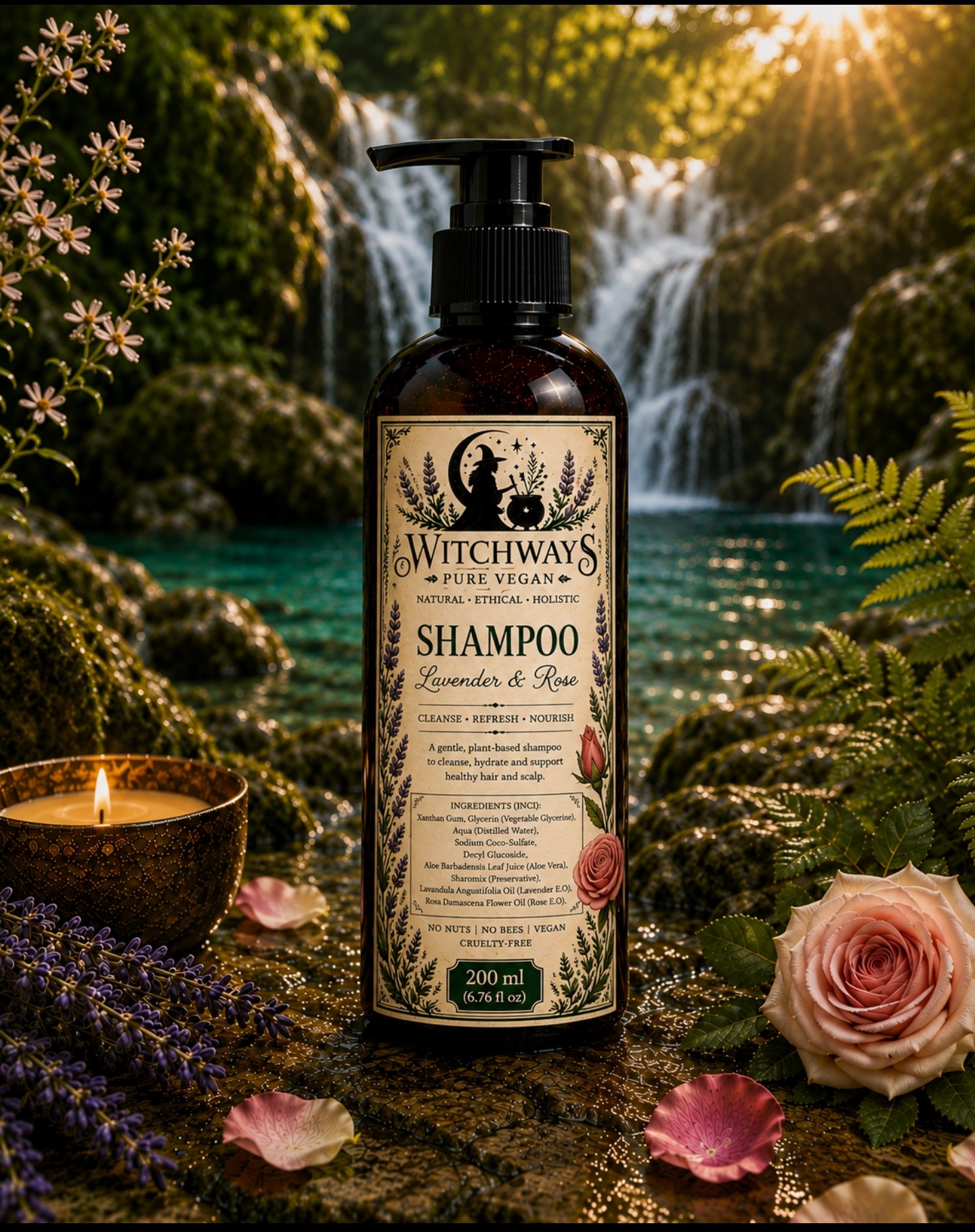 Witchways Pure Vegan Lavender & Rose shampoo bottle beside a waterfall