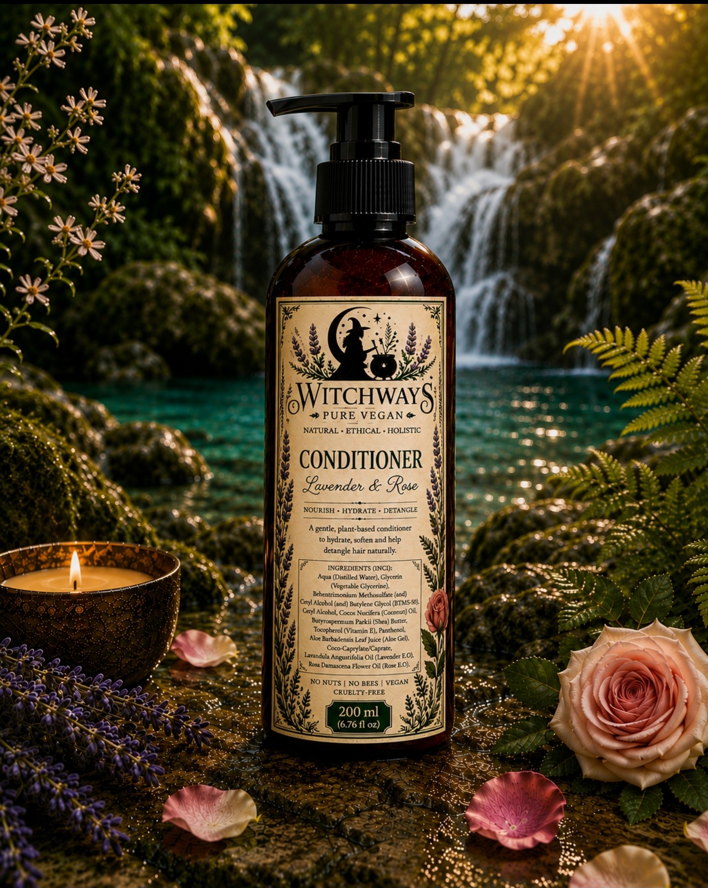 Witchways Pure Vegan Lavender & Rose conditioner bottle beside a waterfall