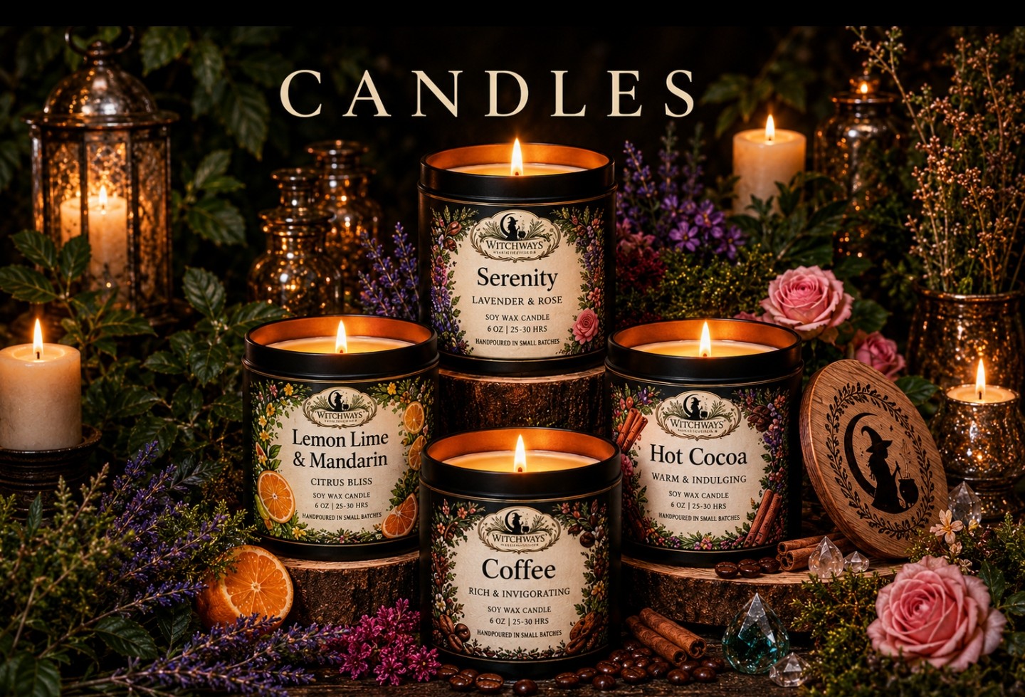 Witchways Pure Vegan soy wax candles — Serenity, Lemon Lime & Mandarin, Hot Cocoa and Coffee — surrounded by herbs and flowers