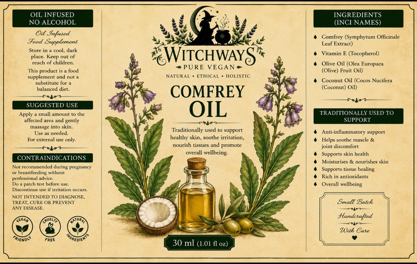 Witchways Pure Vegan Comfrey Oil label
