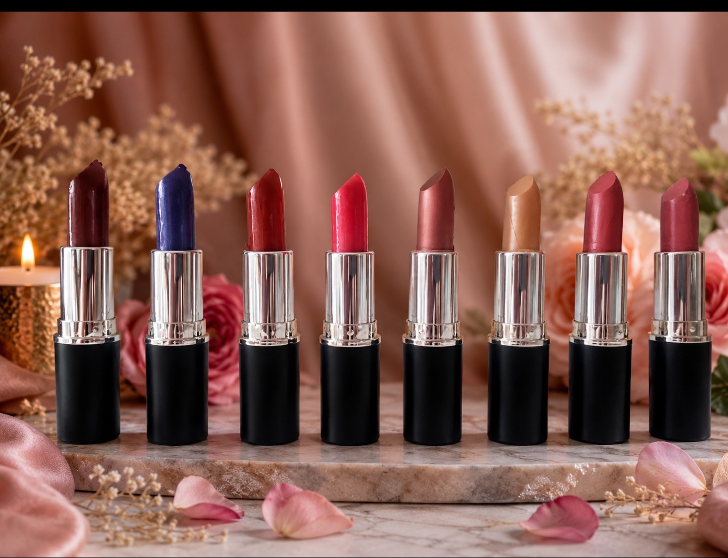 A collection of colorful vegan lipsticks in black tubes displayed with flowers and soft pink fabric