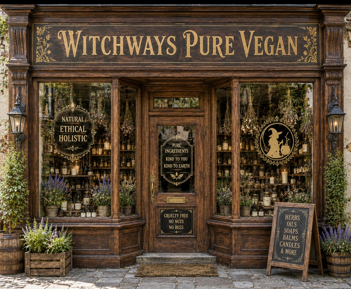 The Witchways Pure Vegan shopfront — a dark timber apothecary storefront with gold lettering, herbs, oils and candles in the windows
