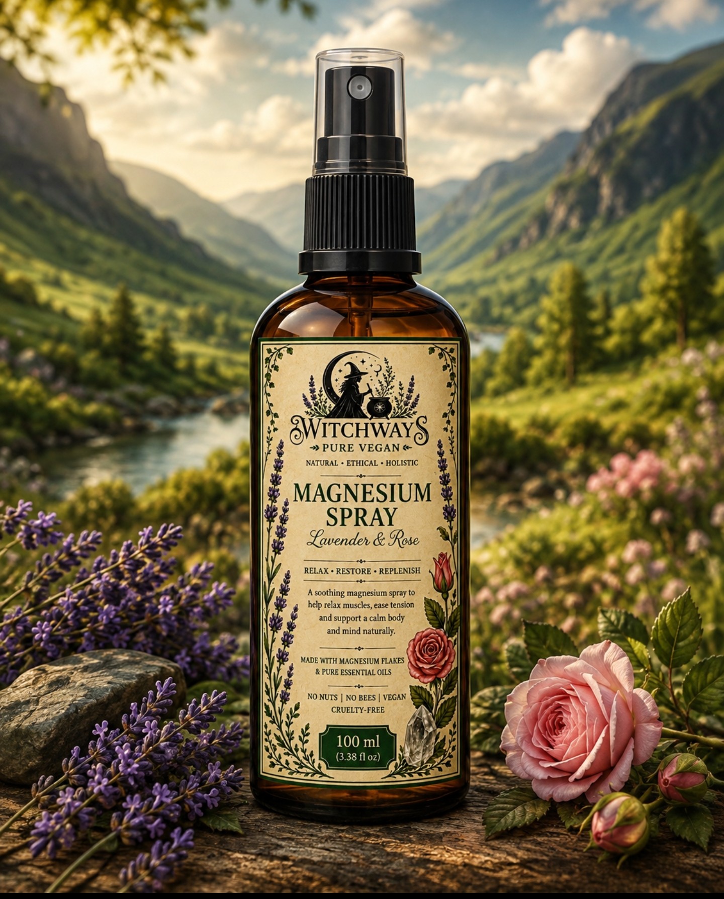 Witchways Pure Vegan Magnesium Spray – Lavender & Rose bottle with lavender and rose botanicals