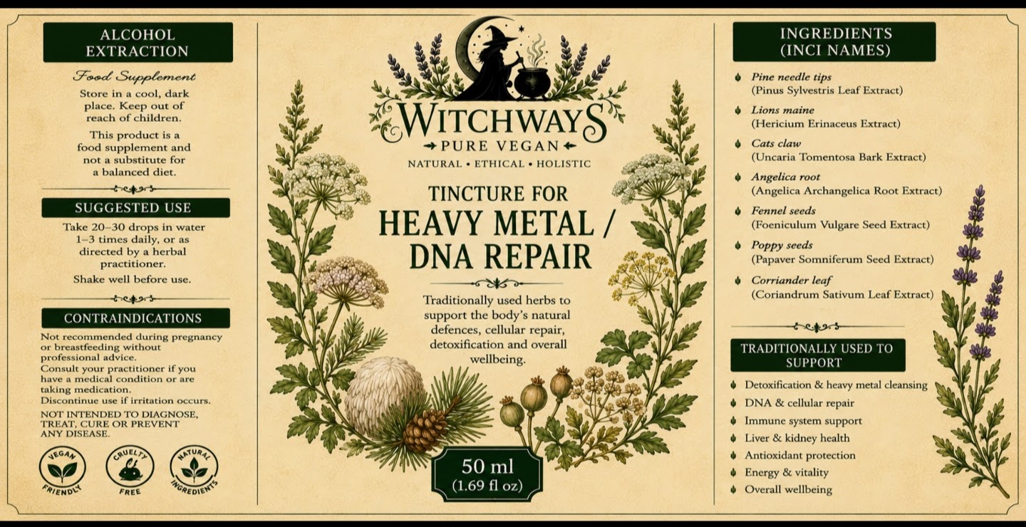 Witchways Pure Vegan Heavy Metal / DNA Repair tincture label