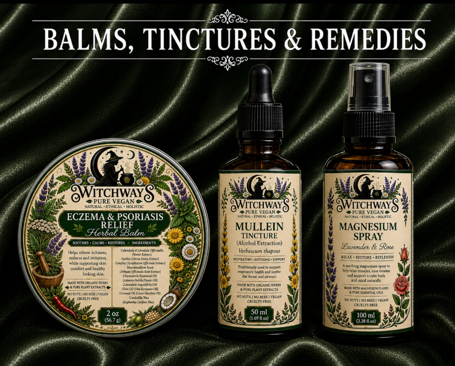 Witchways Pure Vegan eczema and psoriasis relief herbal balm, mullein tincture and lavender and rose magnesium spray on dark green silk
