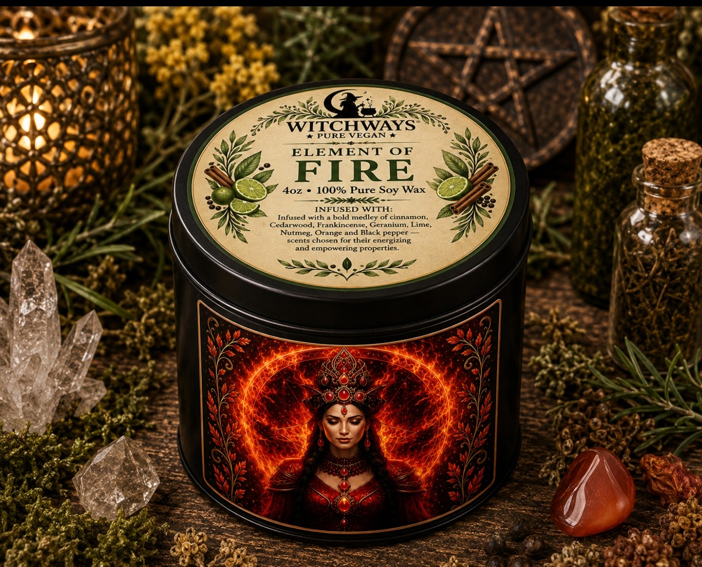 Witchways Pure Vegan Element of FIRE 4oz soy wax candle tin