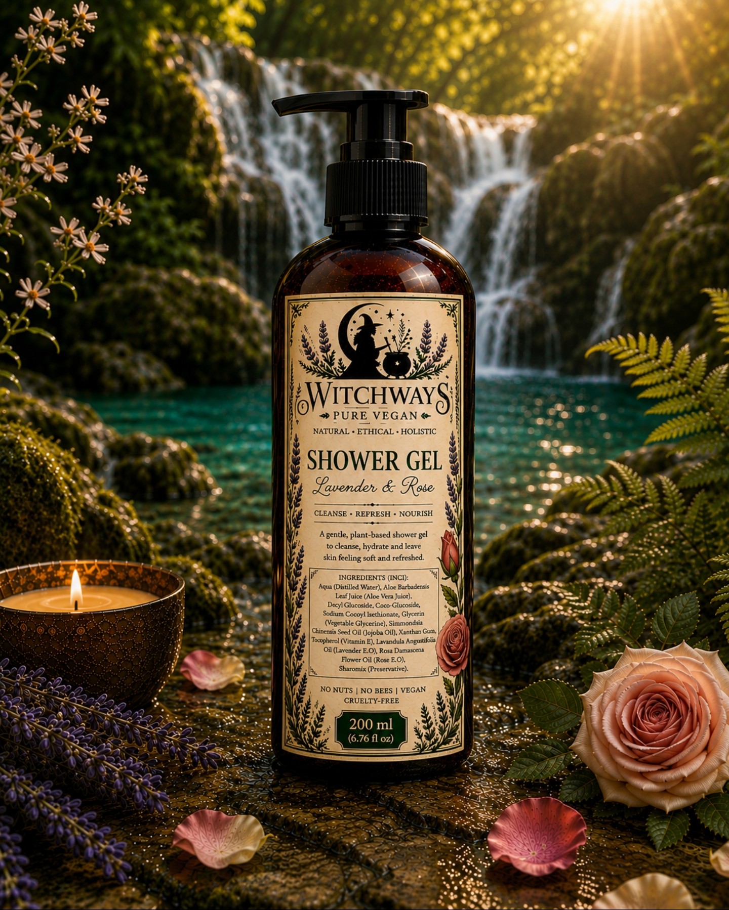 Witchways Pure Vegan Lavender & Rose shower gel bottle beside a waterfall