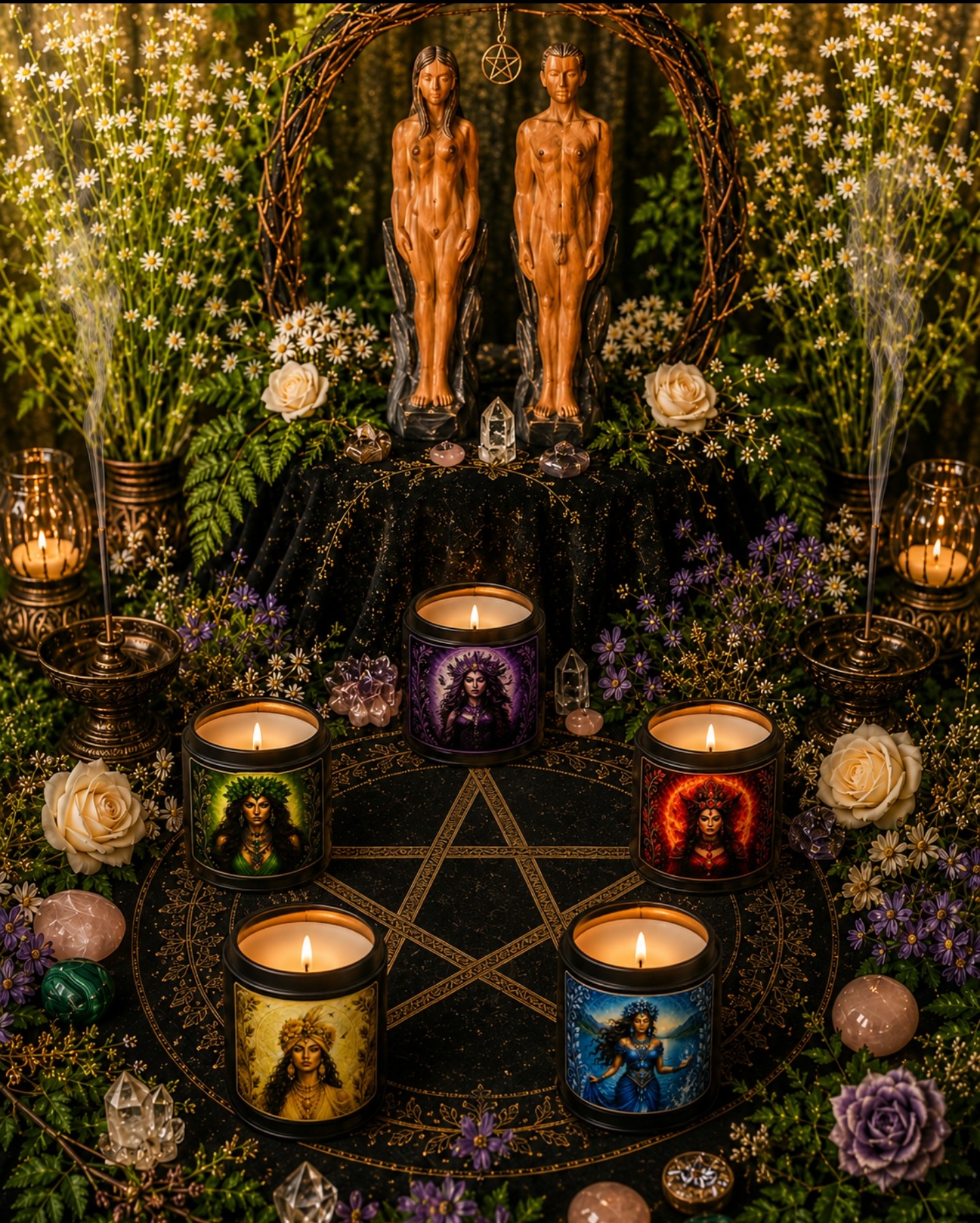 The Complete Elemental Alchemy Altar Set — five elemental candles, God and Goddess altar candles, crystals, botanicals and sacred ritual tools arranged on a pentacle altar cloth