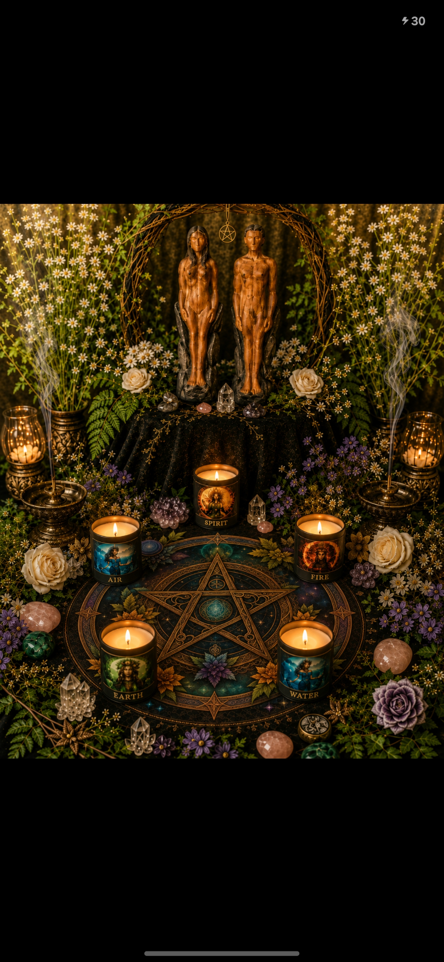 The Complete Elemental Alchemy Altar Set — five elemental candles, God and Goddess altar candles, crystals, botanicals and sacred ritual tools arranged on a pentacle altar cloth