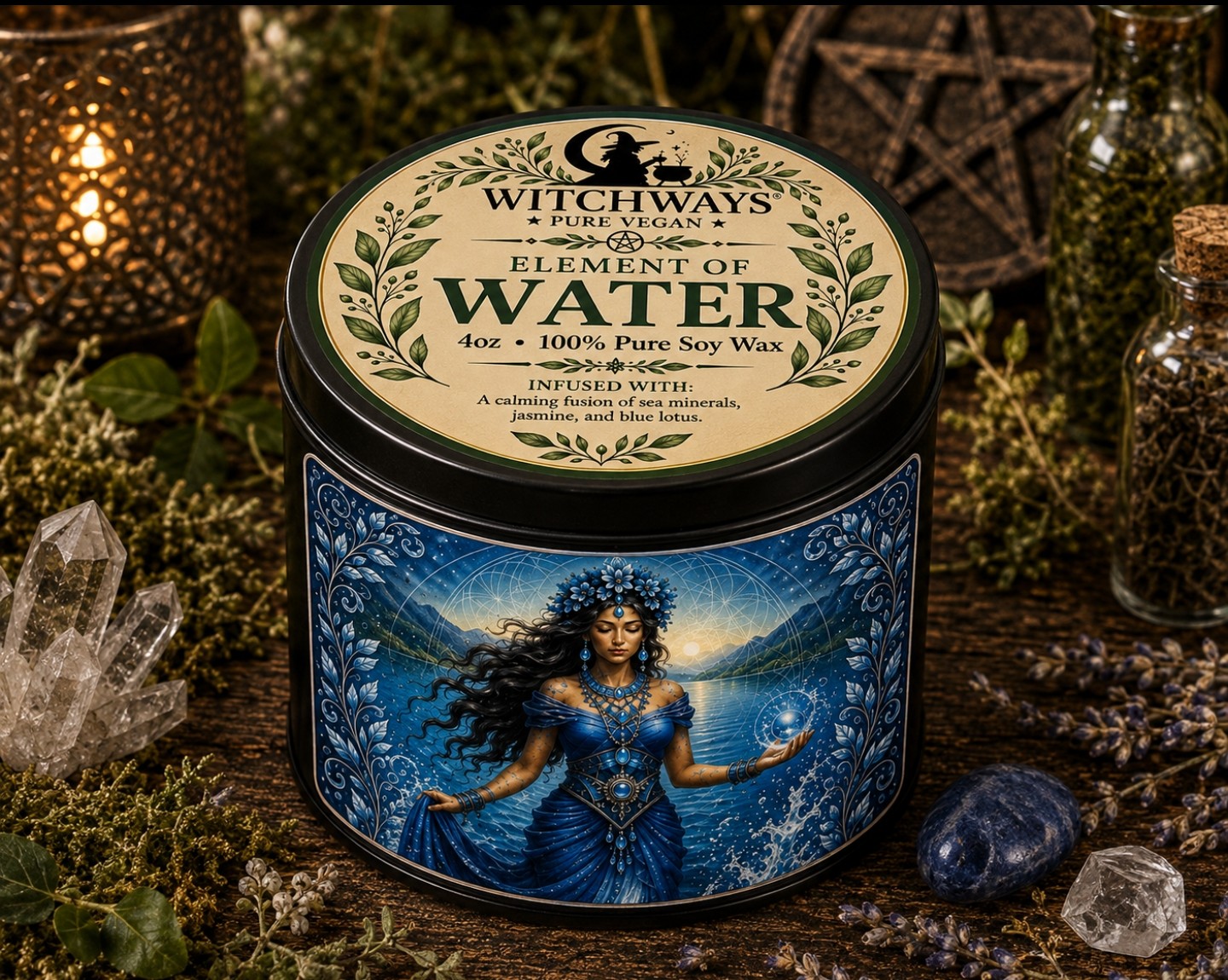 Witchways Pure Vegan Element of WATER 4oz soy wax candle tin