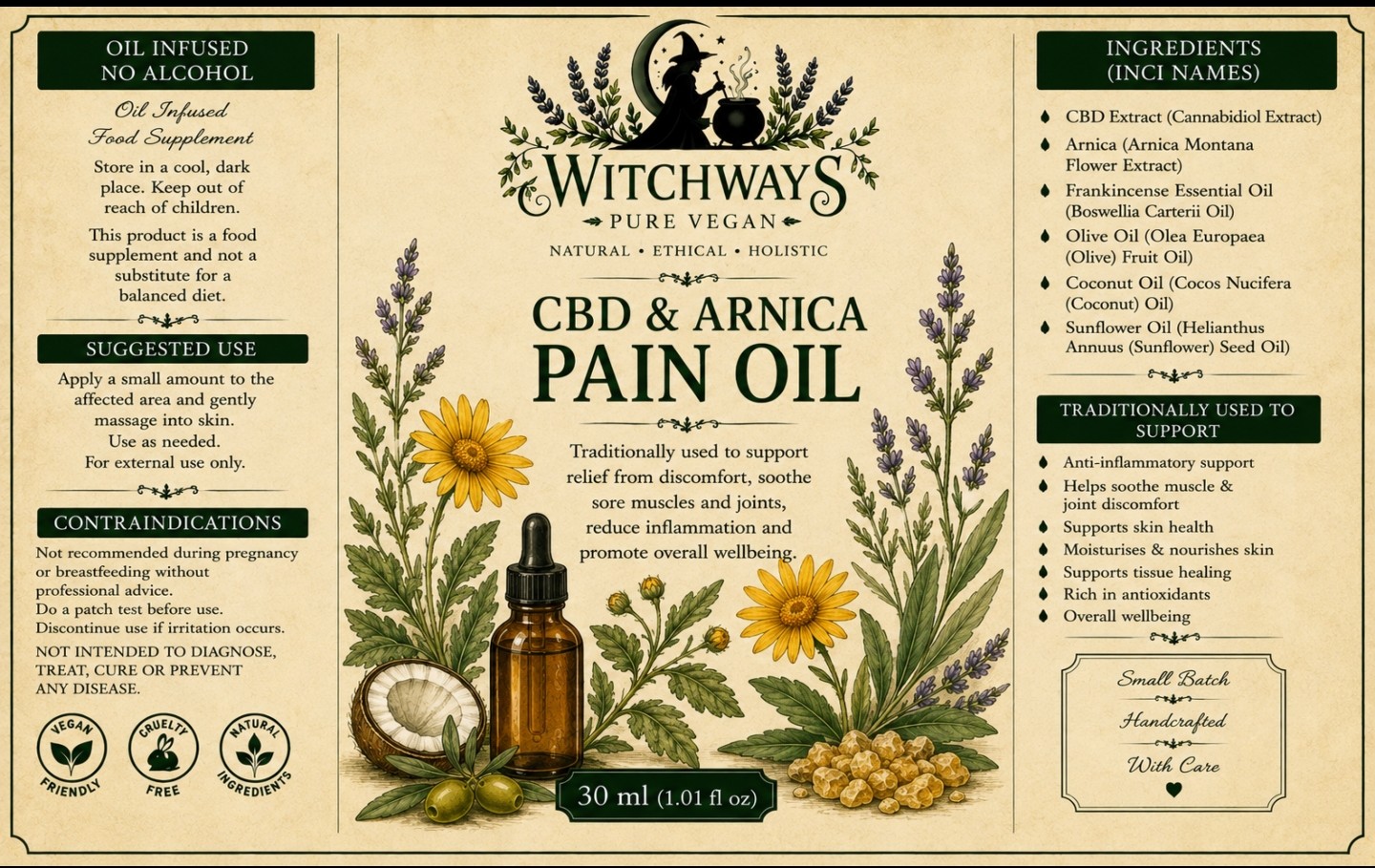 Witchways Pure Vegan CBD & Arnica Pain Oil label