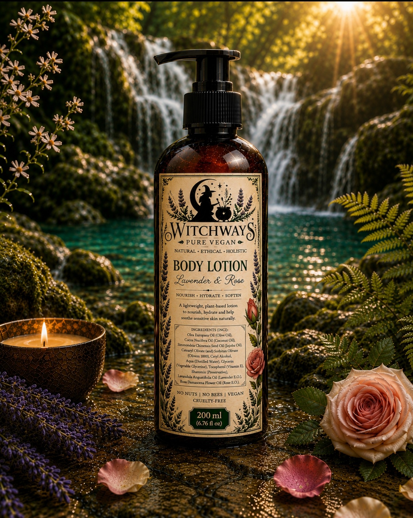 Witchways Pure Vegan Lavender & Rose body lotion bottle beside a waterfall