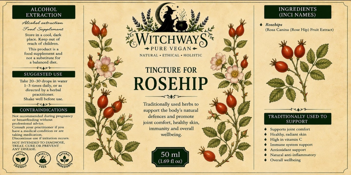 Witchways Pure Vegan Rosehip tincture label