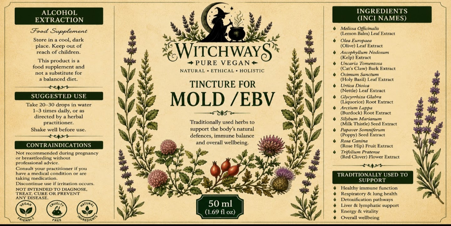 Witchways Pure Vegan Mold / EBV tincture label