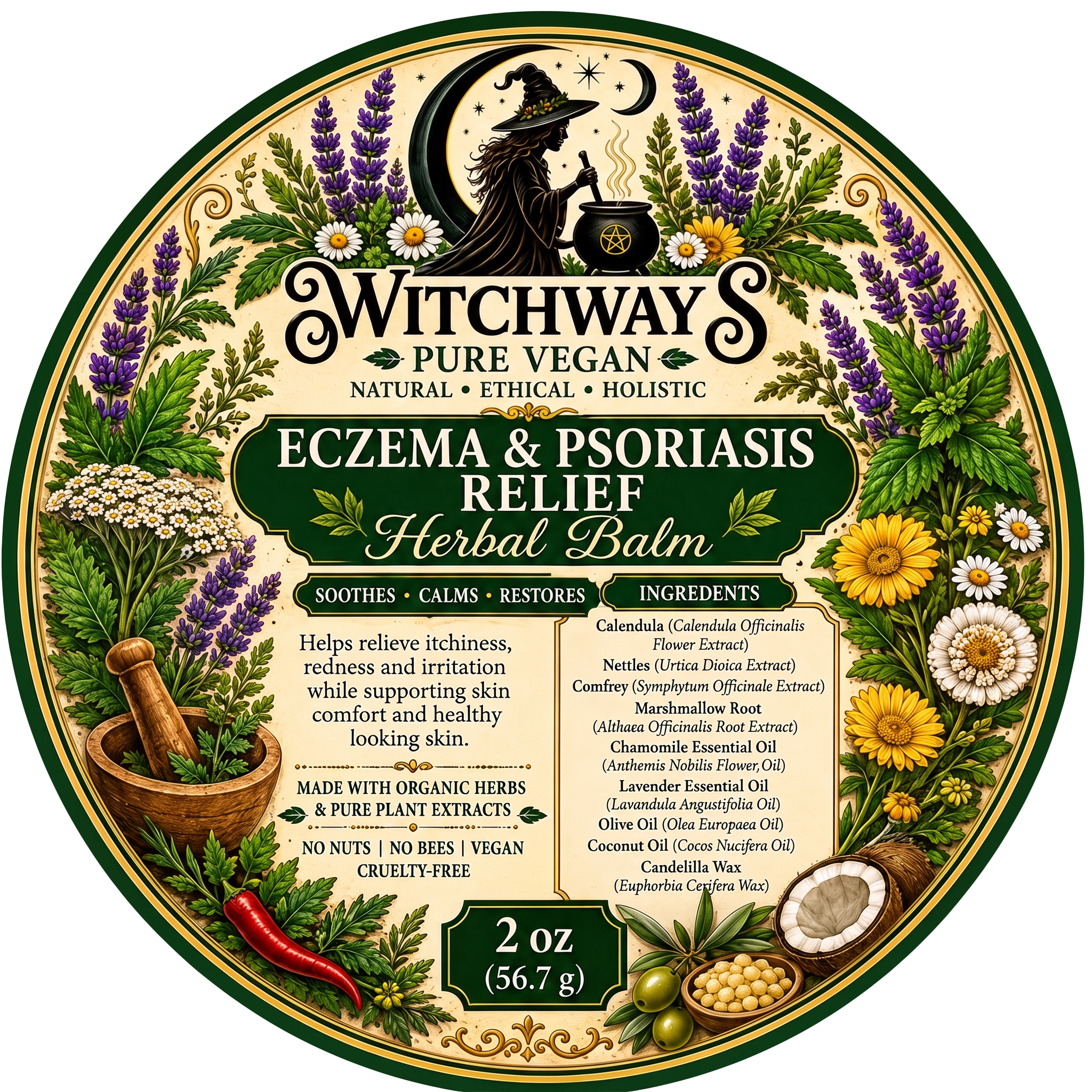 Witchways Pure Vegan Eczema & Psoriasis Relief Herbal Balm label