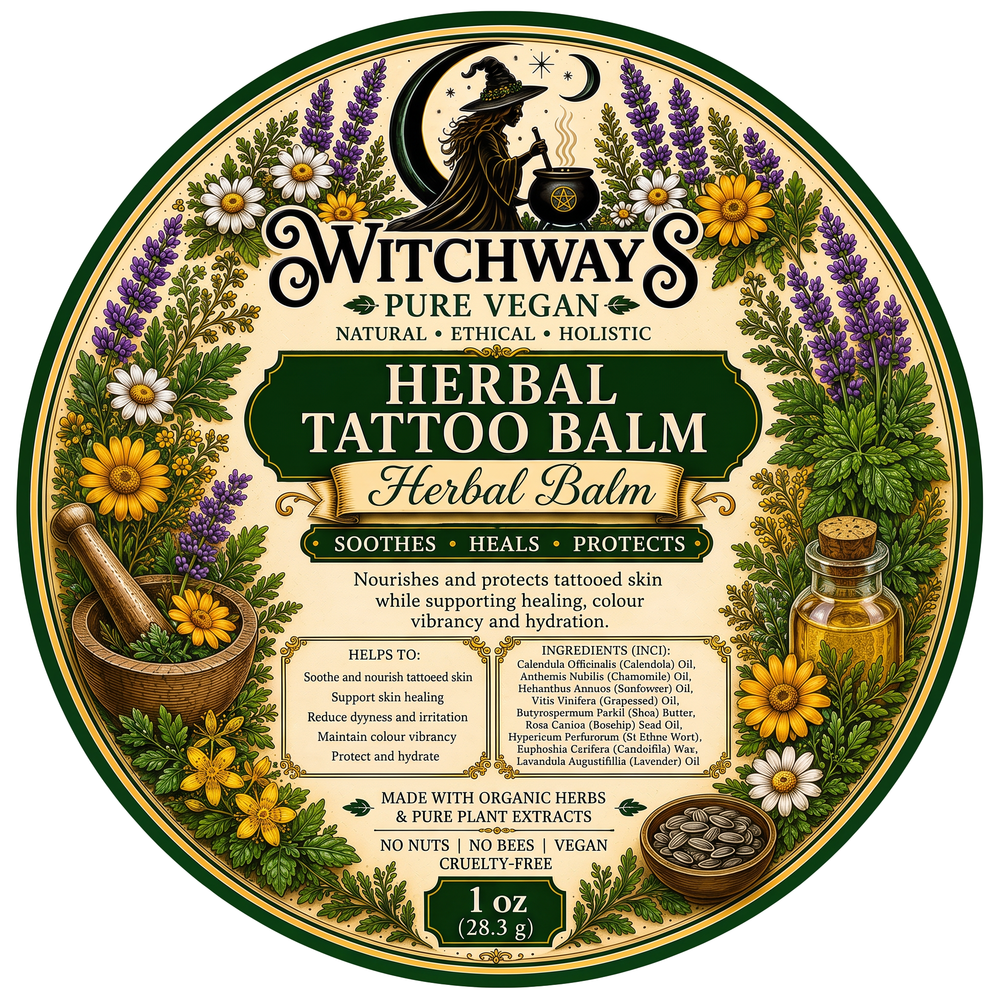 Witchways Pure Vegan Herbal Tattoo Balm label