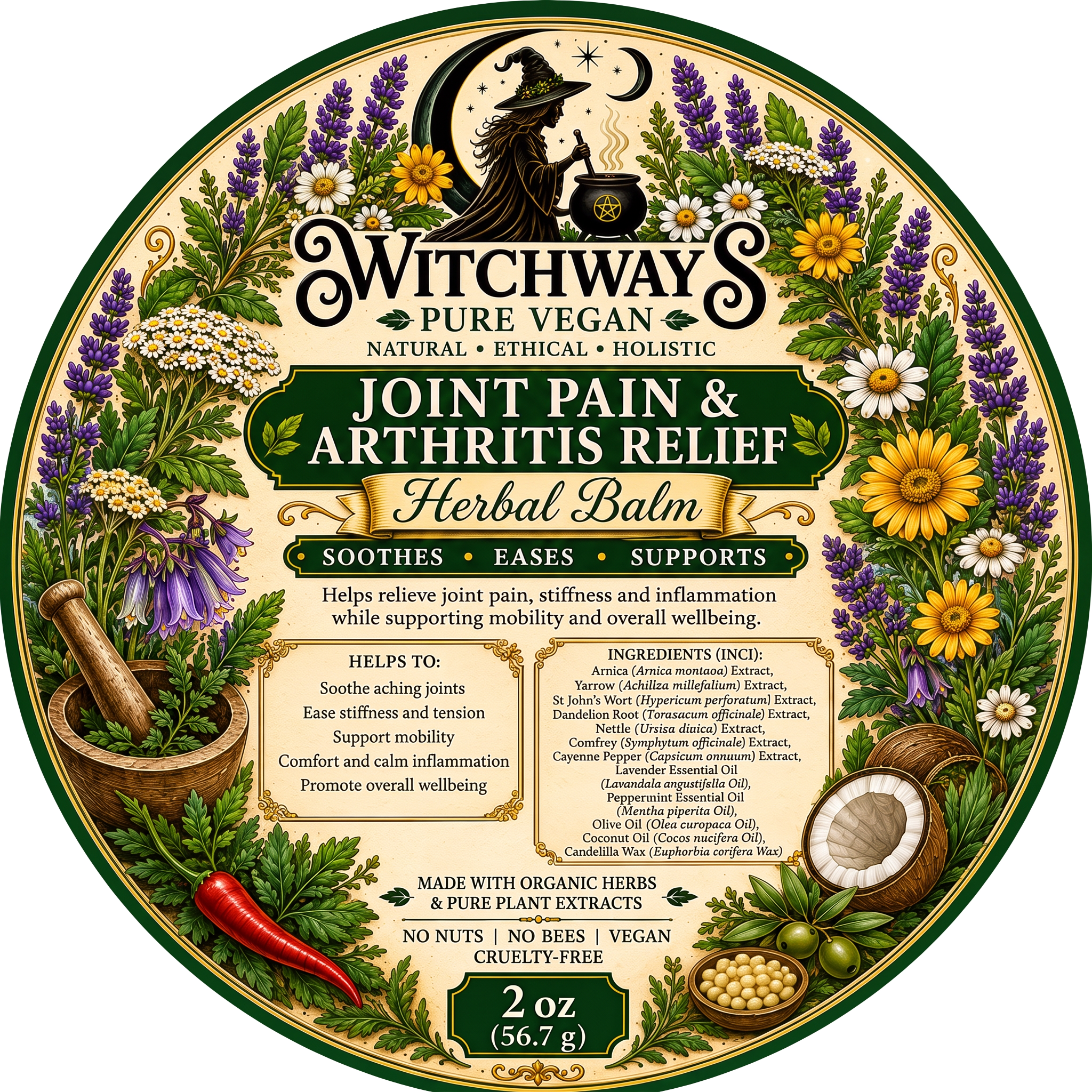 Witchways Pure Vegan Joint Pain & Arthritis Relief Herbal Balm label