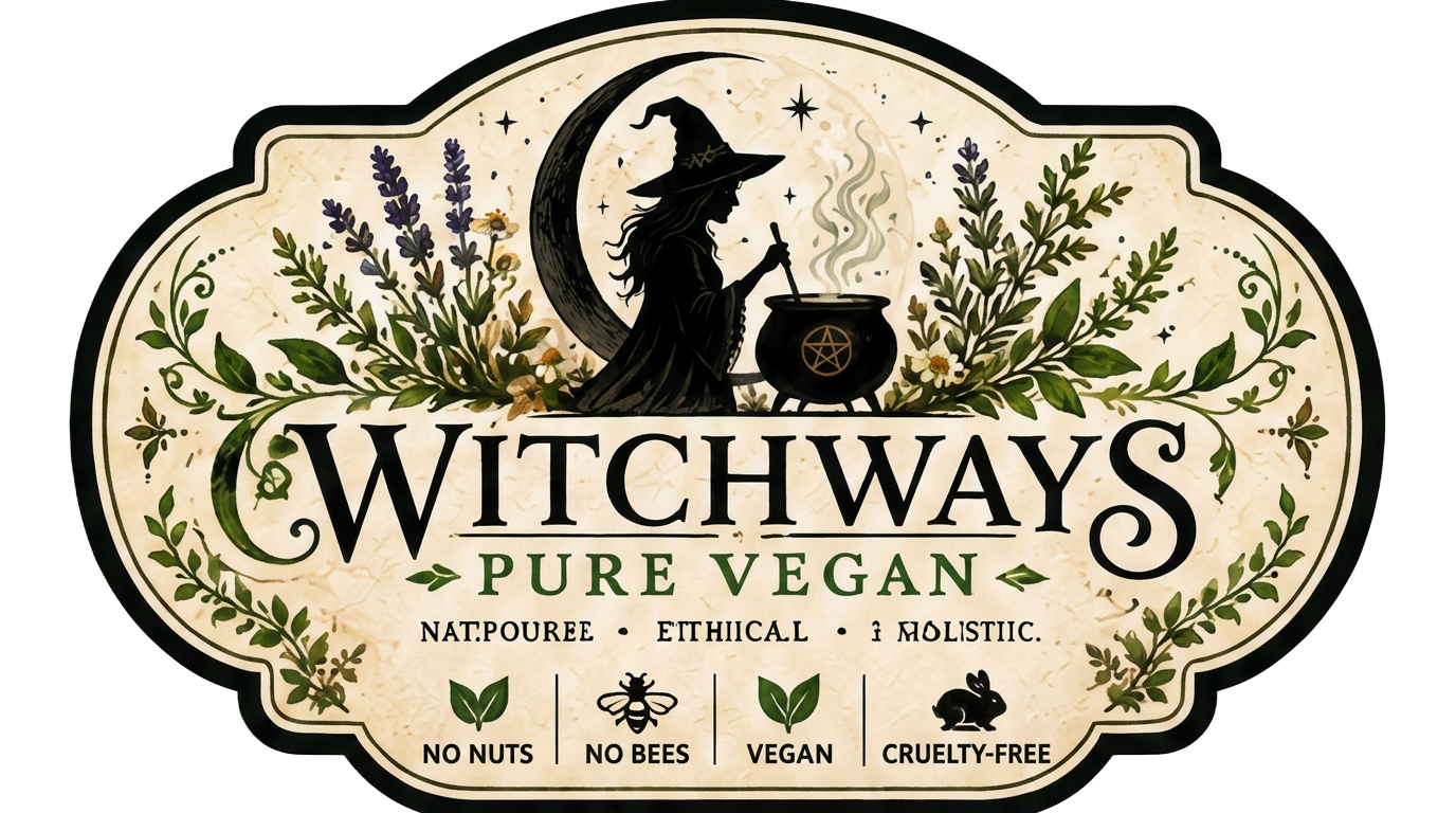 Witchways Pure Vegan badge logo: a witch stirring a cauldron beneath a crescent moon, framed by herbs, with no nuts, no bees, vegan and cruelty-free marks
