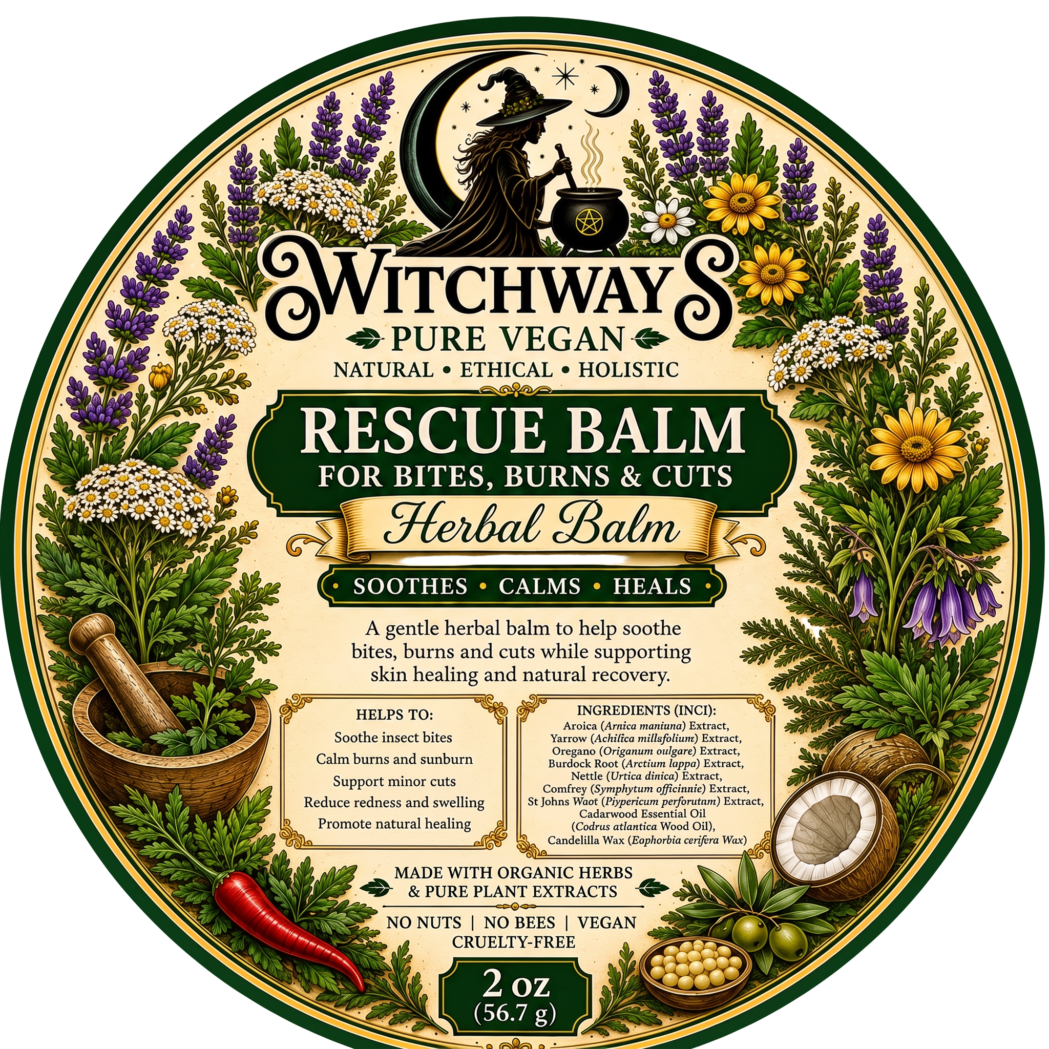 Witchways Pure Vegan Rescue Balm for bites, burns and cuts label